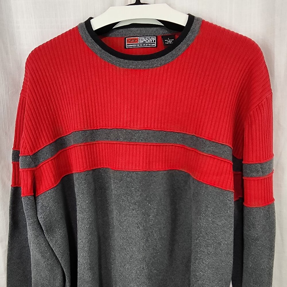 Structure Sport red, gray and black striped crewneck sweater, size Large.